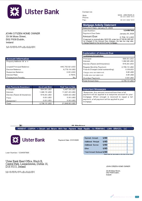 Download Ireland Ulster bank mortgage statement in Word and PDF formats Photoshop template